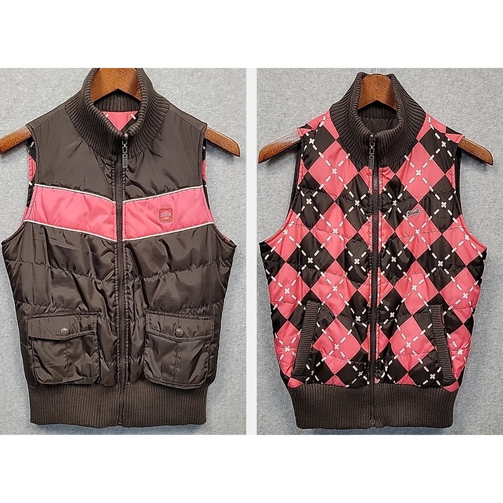 LE TIGRE Sz M Reversible Insulated Puffer Vest‎ Chocolate Pink Argyle Retro 80s